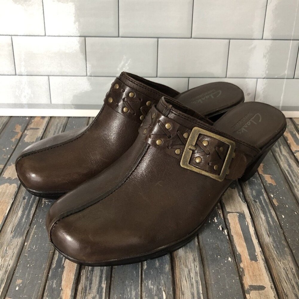 Clarks Bendables Shoes Womens 9.5M Buckle Mules Clogs 835445 Brown Leather